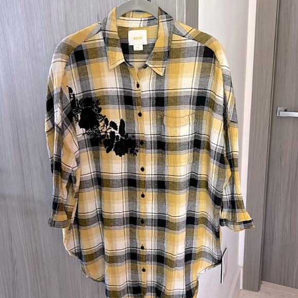 $128 ANTHROPOLOGIE / MAEVE yellow black plaid oversized button up shirt … - Picture 2 of 9